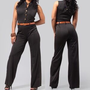 Women's Black Wide-Leg Jumpsuit with Orange Belt